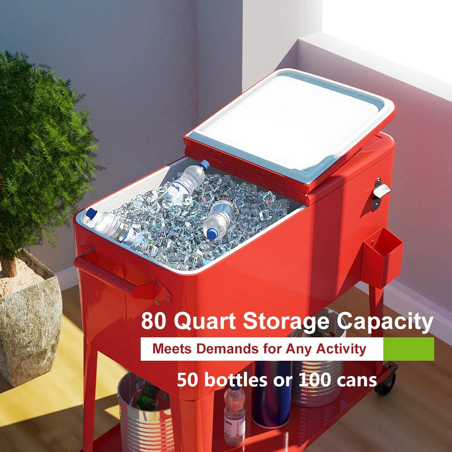 Giantex 80 Quart Rolling Patio Cooler Cart with Bottom Storage Shelf & Drain, Outdoor Ice Chest with Lockable Wheels, Bottle Opener & Cap Catcher, for Party Poolside Backyard BBQ