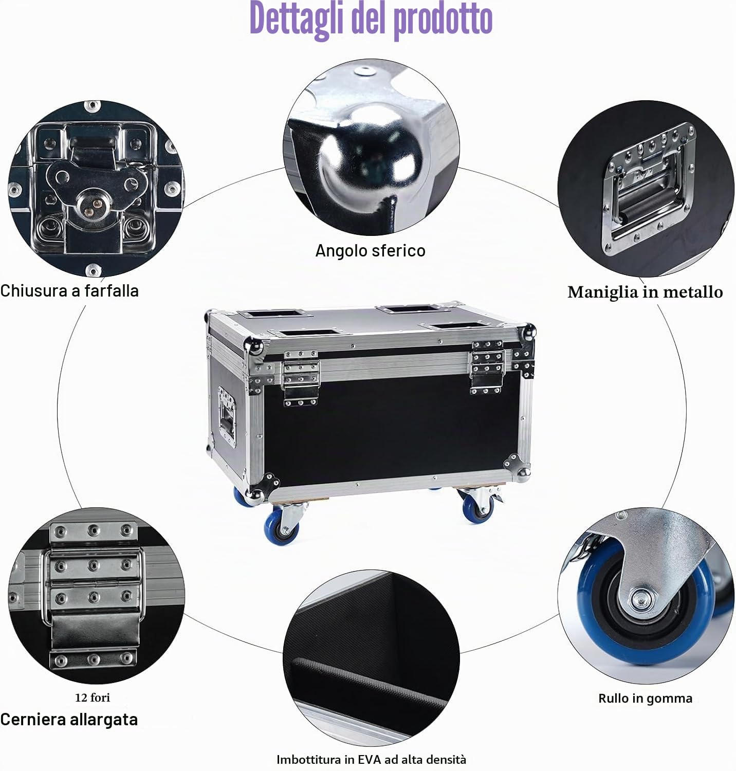 Flightcase per 180W Par LED, 62,5 x 41 x 45,5 cm, 15,3 KG, Valigetta di trasporto con Ruote e Maniglia Retrattile per un Facile Trasporto per Luci Par da Palco
