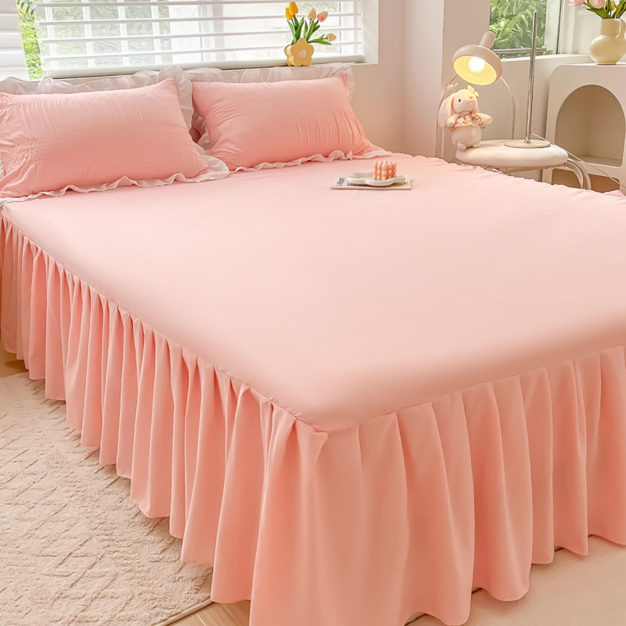 Juego de 3 Piezas Faldón de Cama con Volantes, Funda CE Cama/Sábana CE Suave, Colcha con Volantes Y Color Liso para Dormitorios Y Residencias Estudiantiles