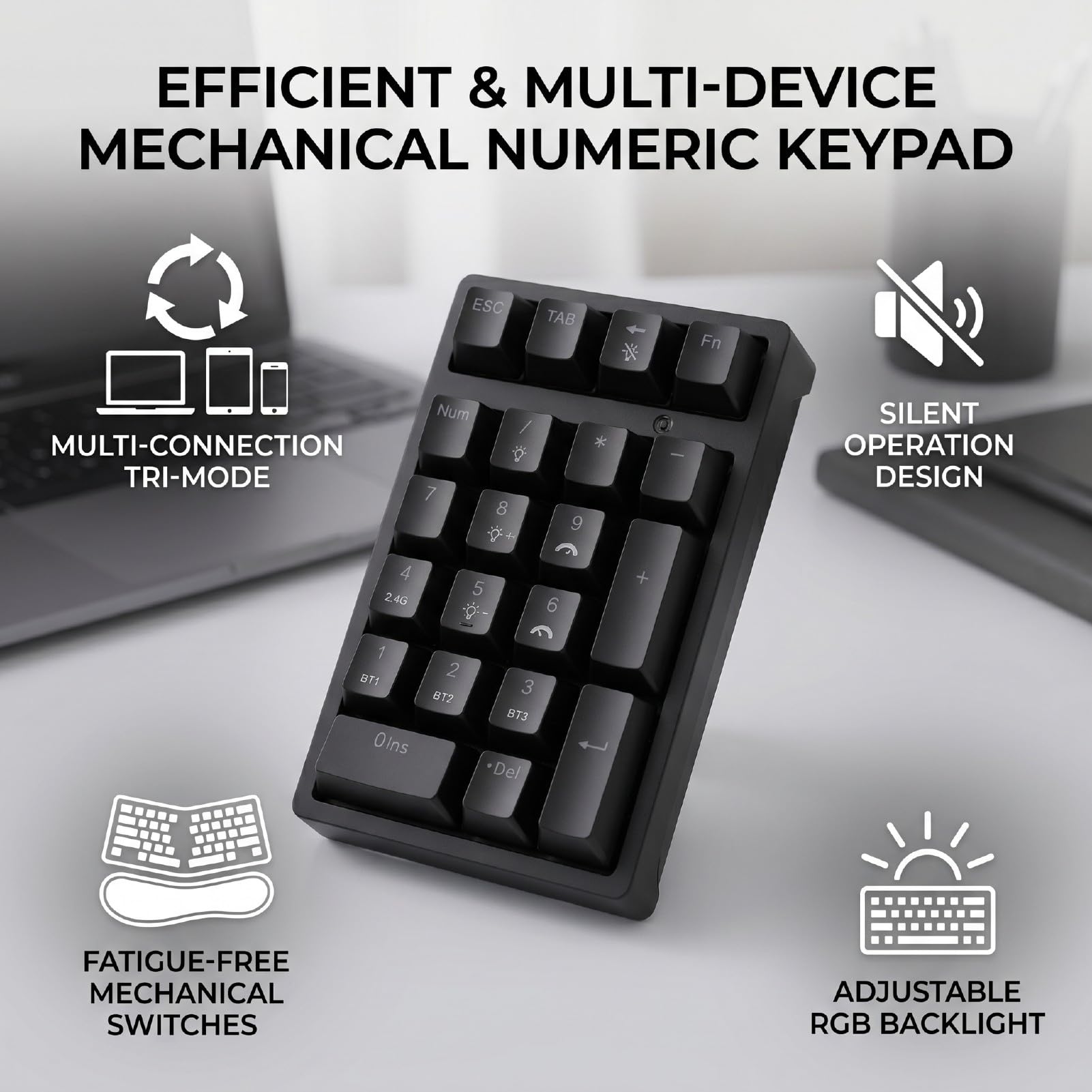 Fabater Tastierino Numerico Meccanico, Numpad BT 2.4G Cablato, 21 Tasti con Retroilluminazione RGB, Asse Silenzioso per Laptop, PC