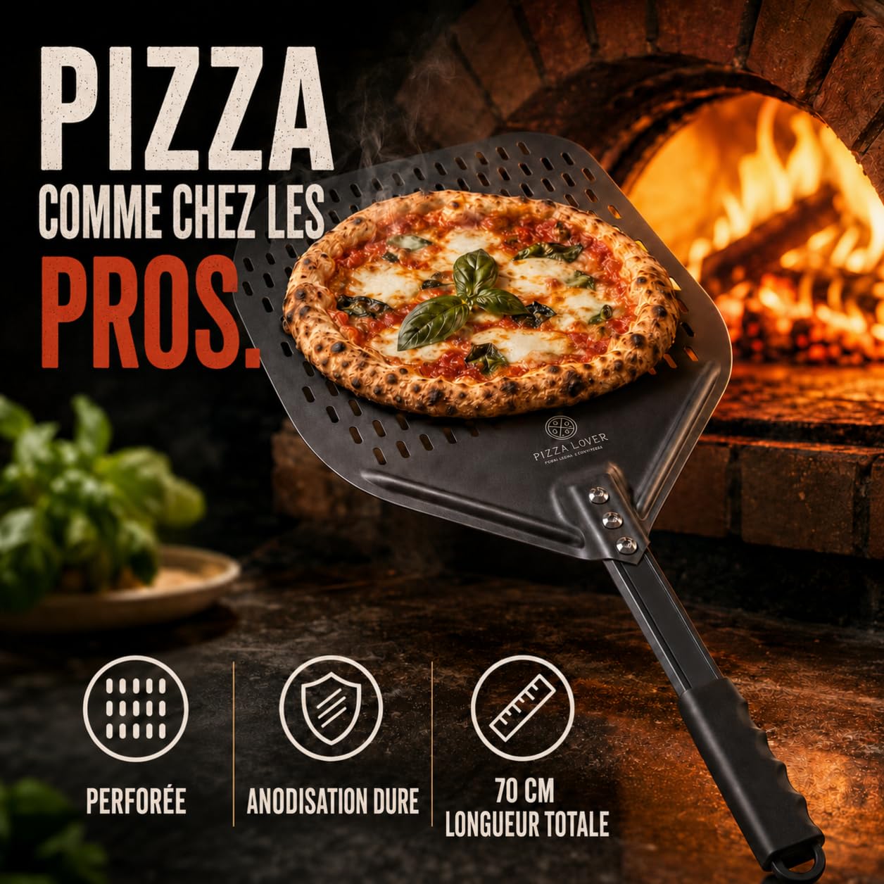 Pizza Lover Pelle à pizza perforée de qualité supérieure 30 x 30 cm spatule à pizza (anti-adhésif) pour pizza & pain faits maison Accessoire idéal pour pierre à pizza, four & barbecue