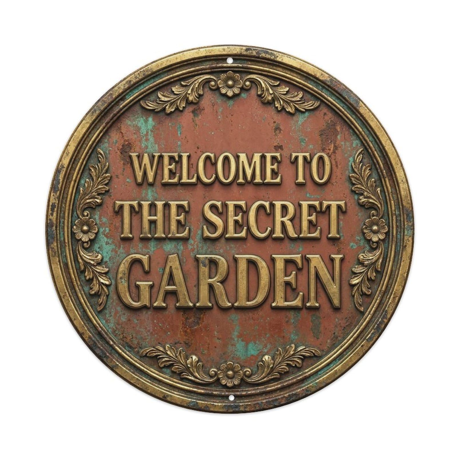 Vintage Welcome Secret Garden Gold Terracotta Garland Metal Tin Sign