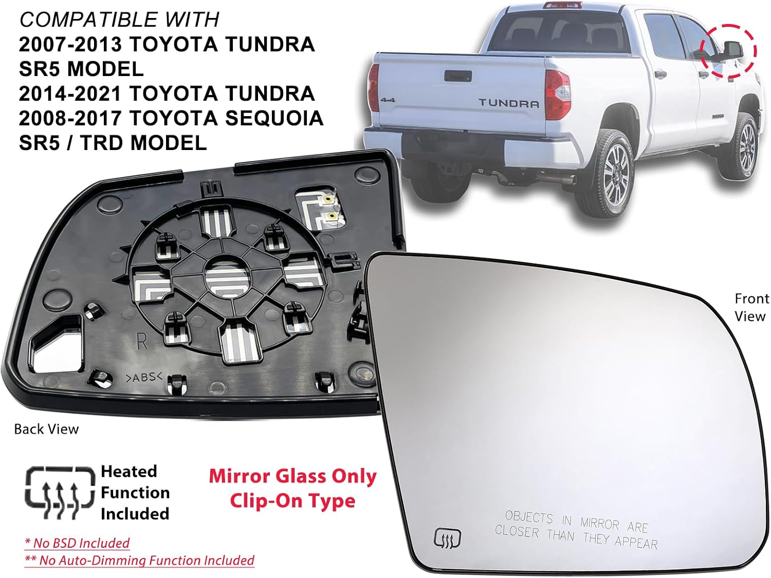 APA Replacement for 2007-2021 Tundra 2008-2017 Sequoia Mirror Glass Power Heated Passenger Side 879030C020 TO1325107