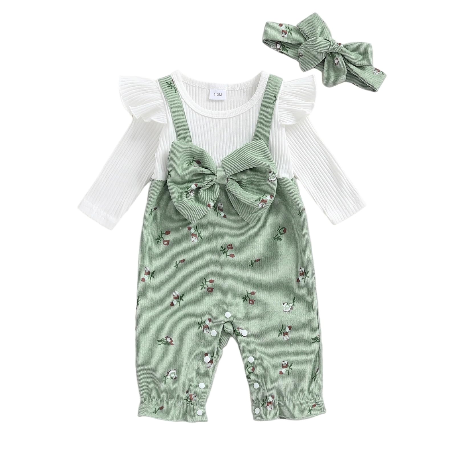 Feclmiyt Newborn Baby Girls Long Sleeve Romper Cute Floral Print Fake Two Pieces Patchwork Bow Jumpsuits And Headband Set Spring Fall Outfit (Green, 9-12 Months)