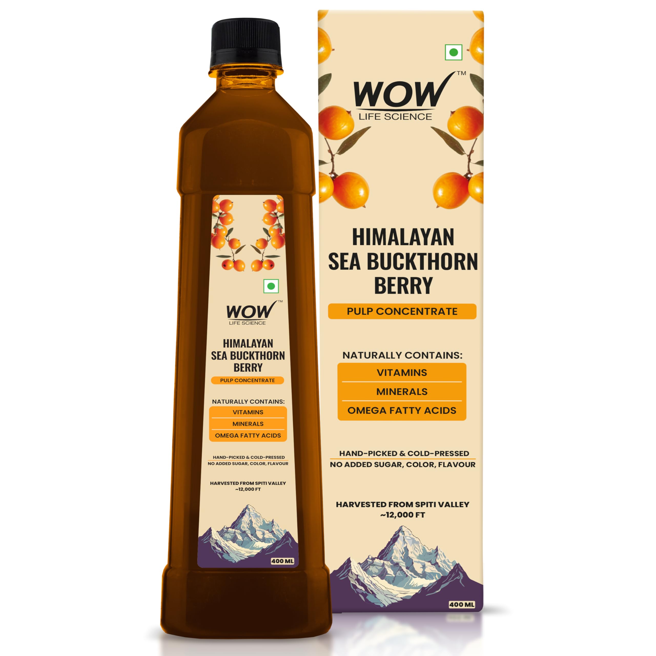 WOW Life Science Himalayan Sea Buckthorn Berry Pulp Concentrate | Cold‑Pressed from Spiti Valley | Rich in Omega 3‑6‑7‑9, Vitamins & Antioxidants | Heart, Gut, Skin & Immunity Support | No Added Sugar | Makes 80 Glasses | 400 ML