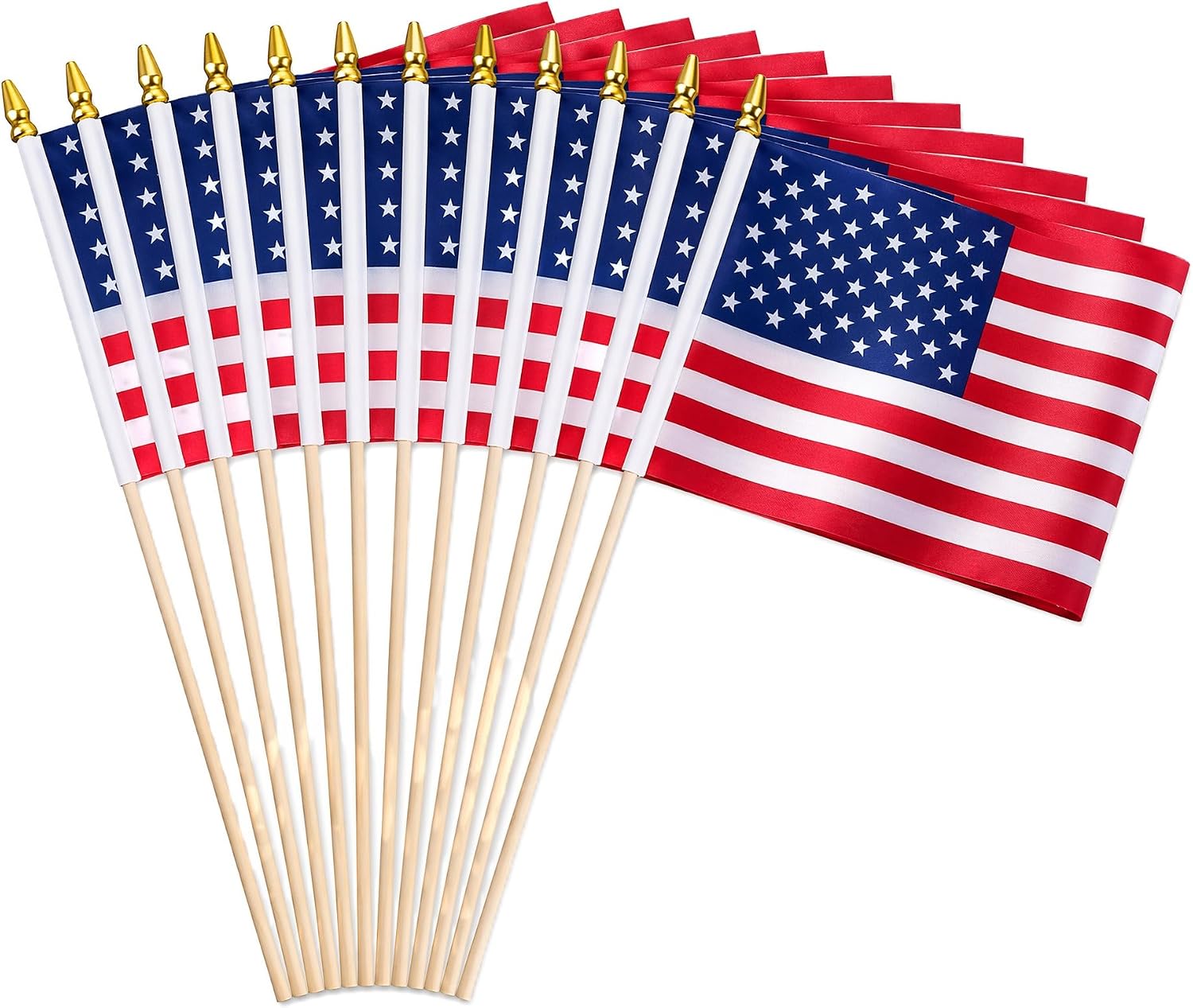 12 Pack Mini US Handheld Flags, 8.27×5.51 Inch, Natural Wood Pole Golden Spear Tip for Memorial Day Elections Sports Parties