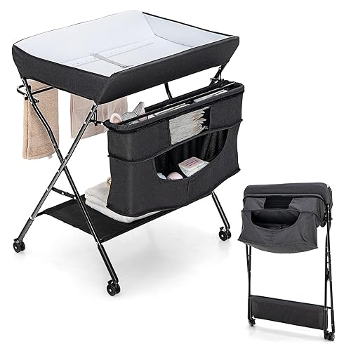 Vista 64 de HONEY JOY Cambiador, organizador móvil plegable con ruedas, altura ajustable, bolsa de almacenamiento y estante abierto, estación portátil para Gris