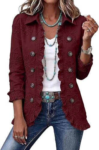 Womens Double Breasted Blazers Lapel Ruffles Blazer Button Floral jacket