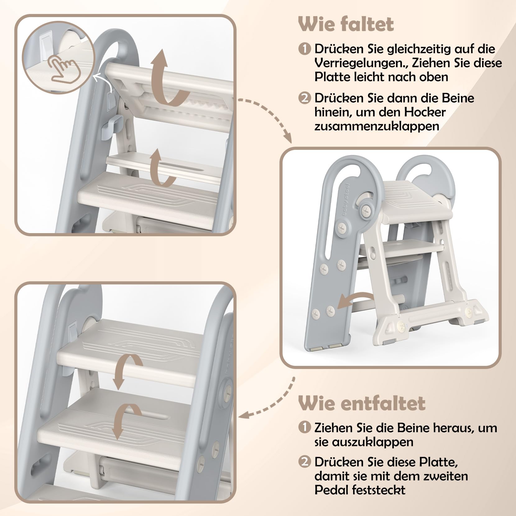 Onasti Tritthocker Kinder, Höhenverstellbar 3 Stufen Hocker Kinder, Trittschemel für Baby mit Handhaben, Klappbar, Anti-Kipp und Anti-Rutsch, für Küche, Badezimmer, Waschbecken und Toilette (Grau)
