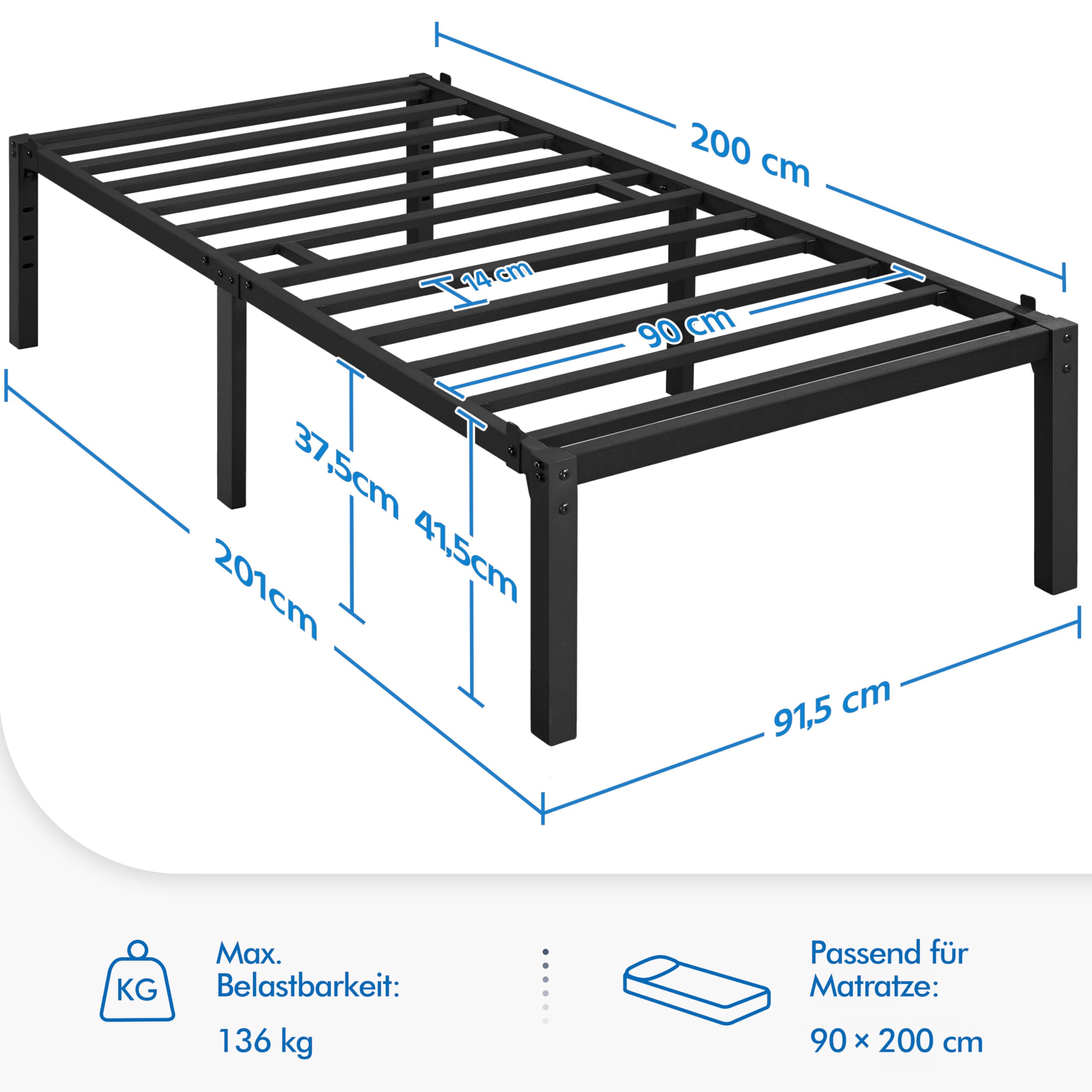 Yaheetech Bettrahmen 90 x 200 cm Metallbett Bettgestell aus Metall, Modern Jugendbett mit Lattenrost, Doppelbett Einzelbett Schwarz 41cm H