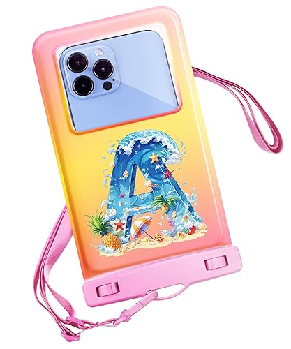 Personalized Initial Waterproof Phone Pouch Case - IPX8 Cellphone Dry Bag with Lanyard for iPhone 16/15/14/13/12 Pro Max (6.1–6.9"), Beach & Cruise Ship Essentials with Monogrammed Design (Pink, A)