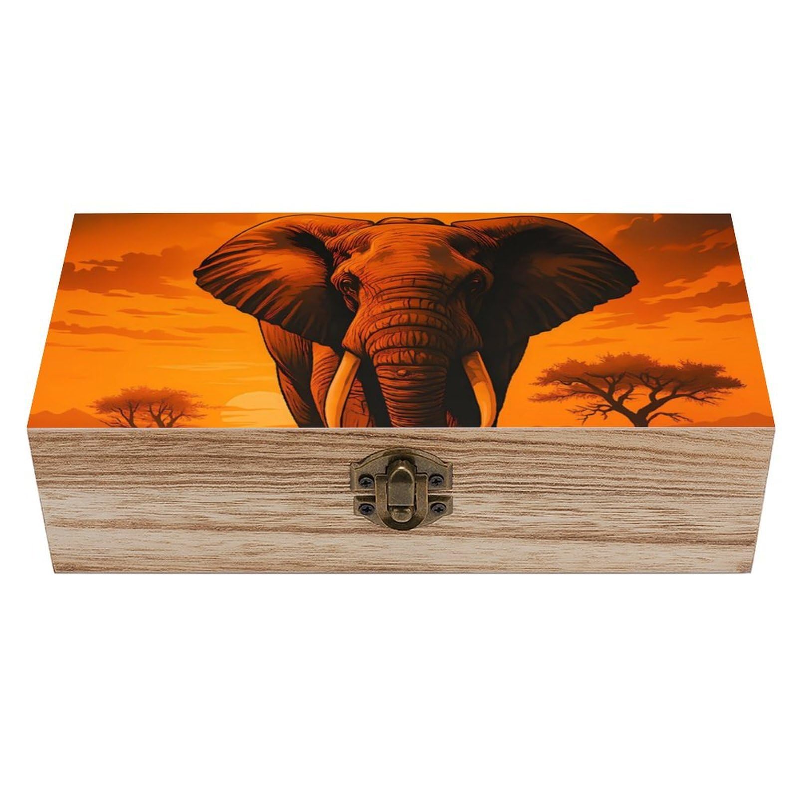 HLBSDM Elephant Strolling at Sunset Retro Wooden Storage Box Jewelry Art Gift Boxs Decorative Keepsake Boxes
