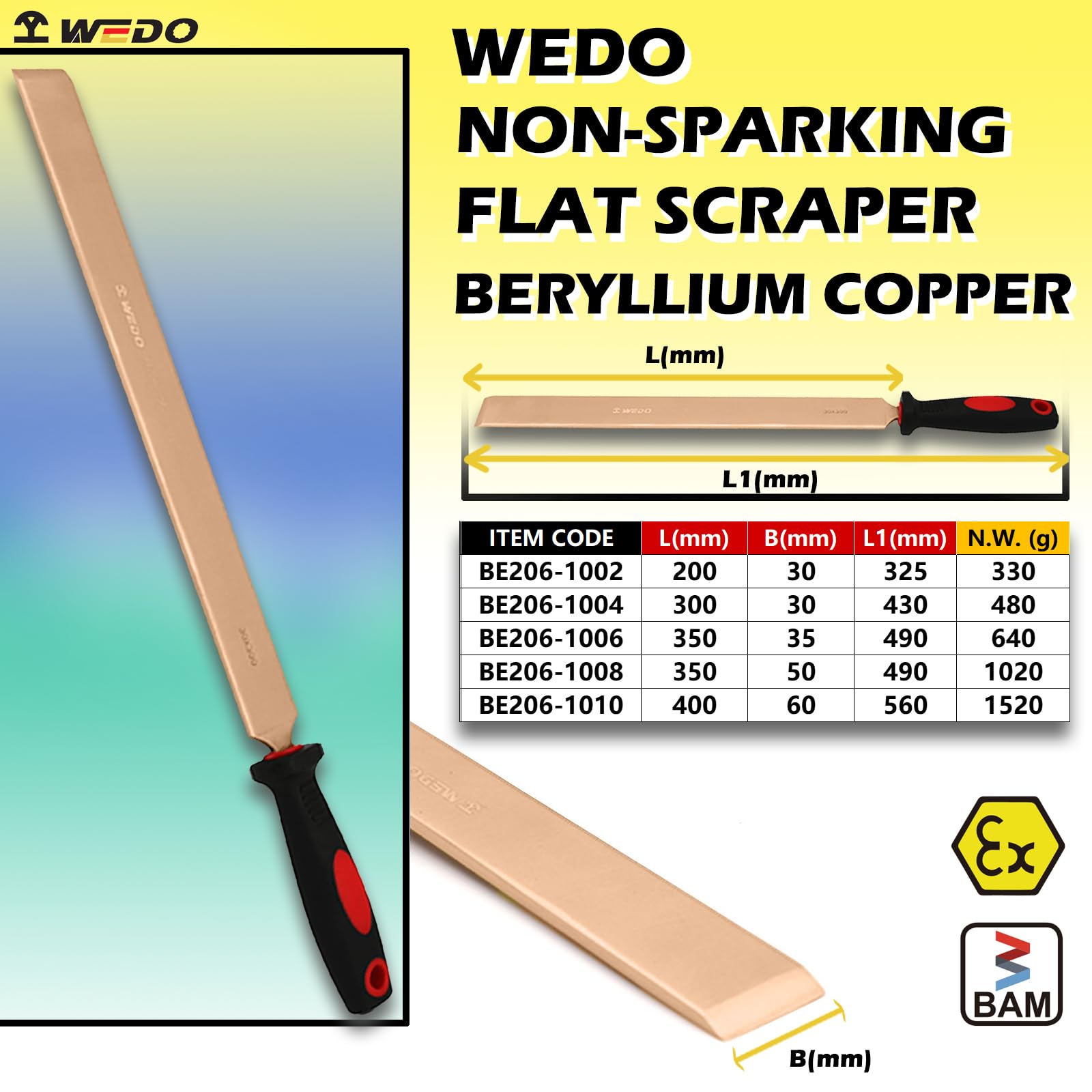 WEDO Raschietto piatto senza scintille con lama dritta e manico confortevole, strumento di sicurezza senza scintille, rame al berillio, non magnetico,BAM e FM, lunghezza 16", 400 * 60 * 460mm