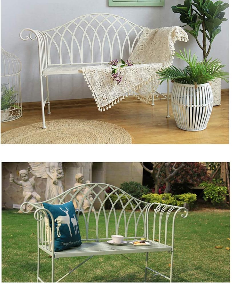 Terrace Garden Bench Outdoor Metal Bench Leisure Two-seat Bench with backrest and armrest Courtyard Porch seat with cast Iron Frame Weatherproof Lawn Deck Furniture (Pure White) (Pure White)