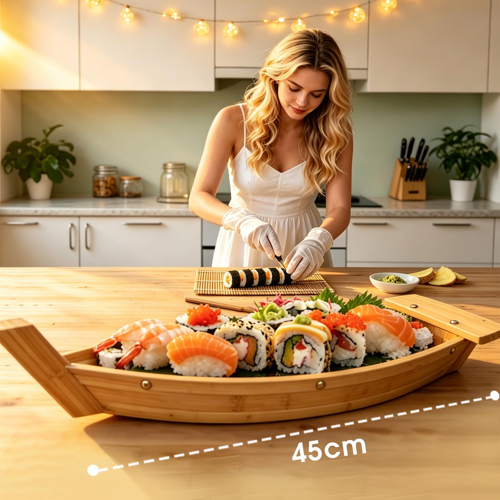 Bandeja de Barco de Sushi de Bambú Ecológica - Superficie Lacada de Grado Alimentario, Perfecta para Restaurantes, Eventos de Catering y Comidas en Casa