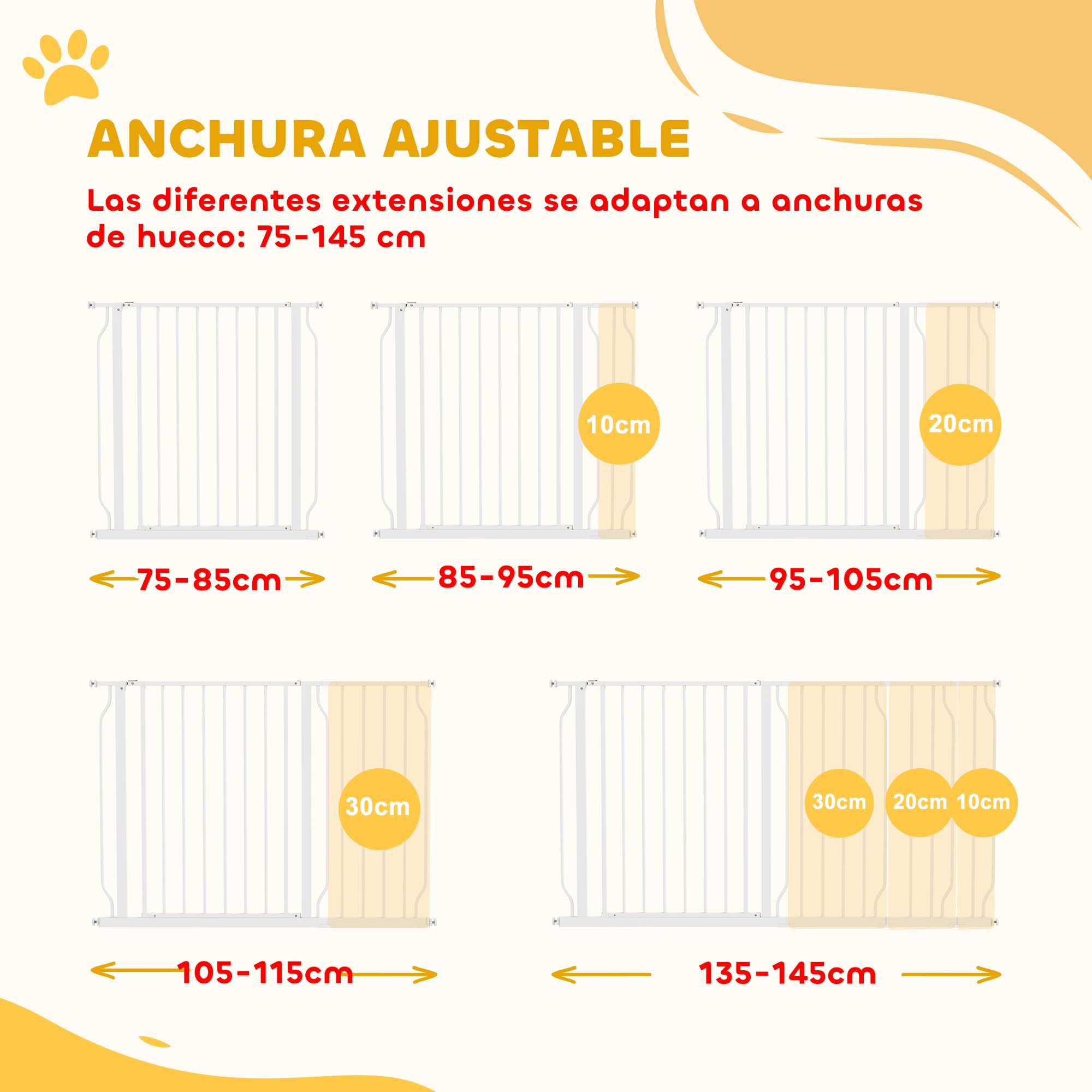 PawHut Barrera de Seguridad para Perros Extensible 75-145 cm para Puertas y Escaleras Puerta de Seguridad Apertura en Dos Sentidos y Solo una Mano Extensiones Montaje a Presión y Doble Bloqueo Blanco