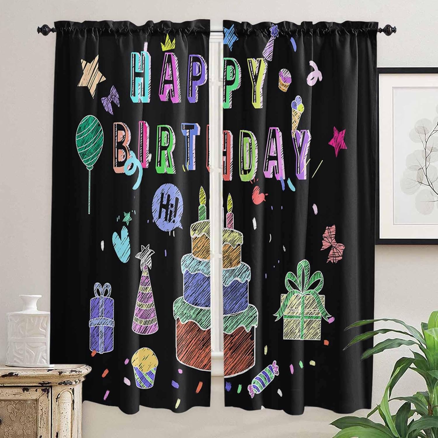 Happy Birthday Window Curtains 72 Inch Long 2 Panel Set, Rod Pocket Long Curtains & Drapes, Birthday Gifts Cake Balloons Black Light Filtering Window Treatment for Bedroom Living Room 52"W x 72"L
