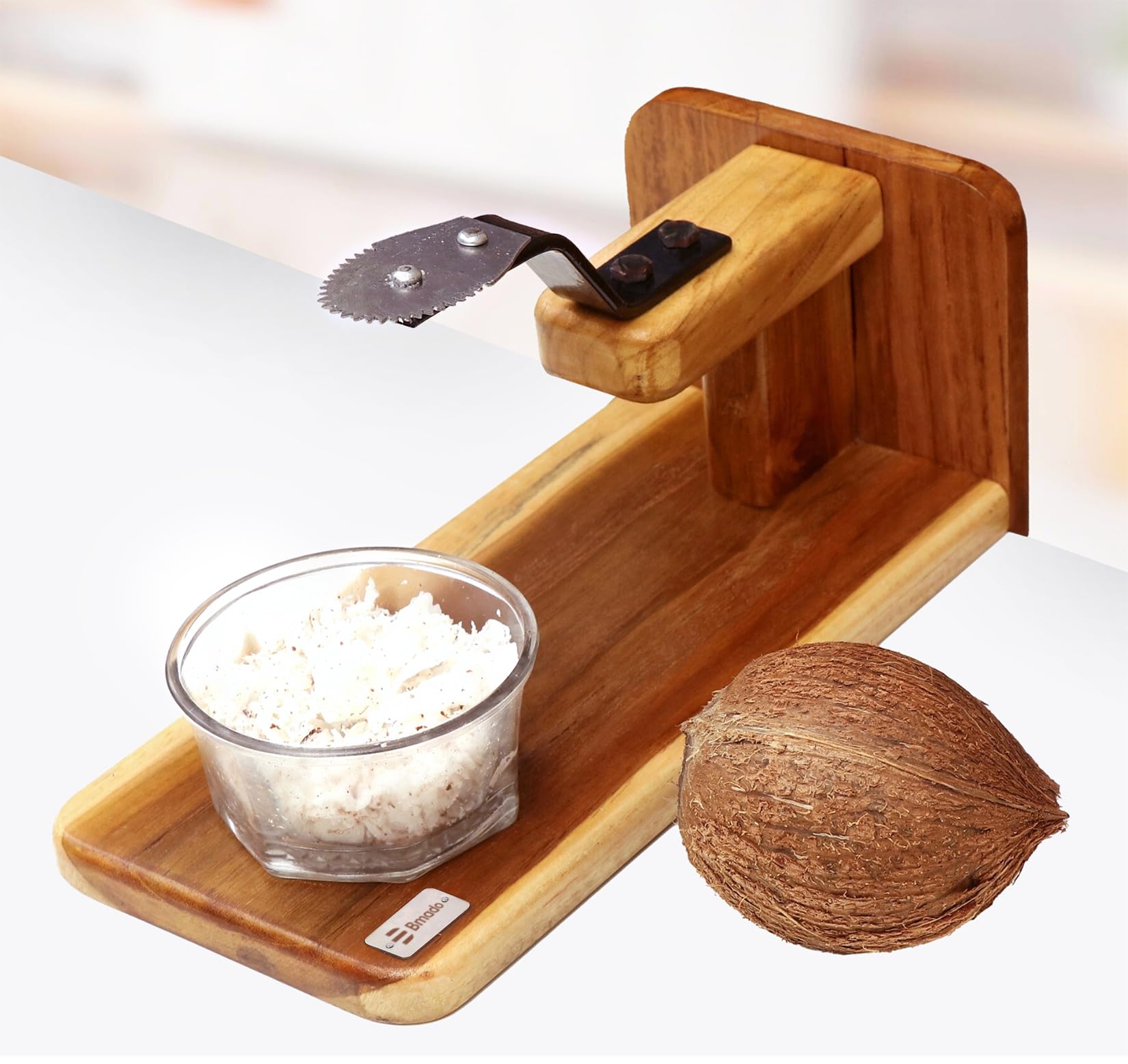 Bmado Traditional Polished Teak Table Top Coconut Scraper Chirava Grater Thengai Thuruvi with Stainless Steel Blade (Medium, 1000g)