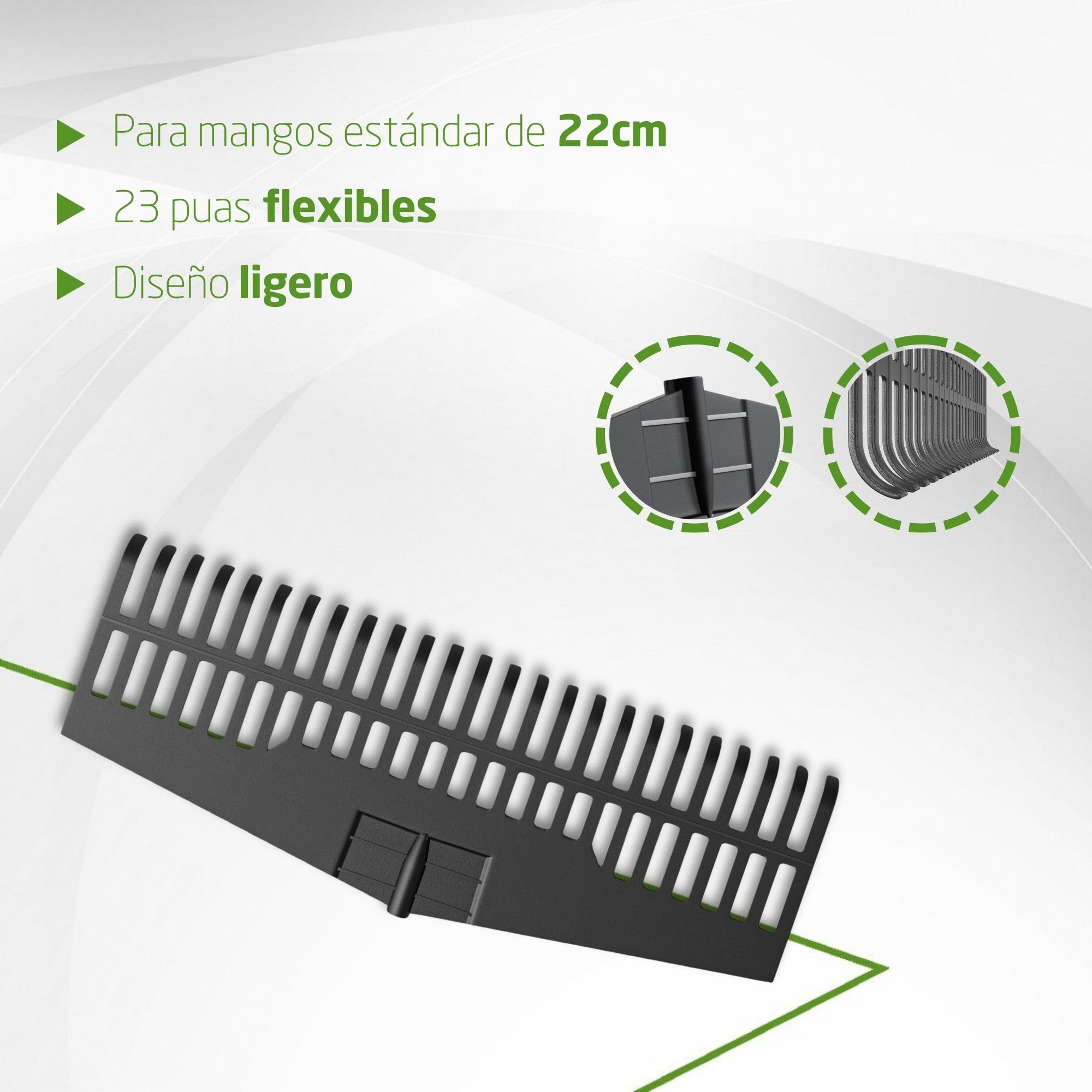 Amig - Rastrillo de Plástico Resistente - Herramienta Ligera para Barrer Hojas y Césped - Recogedor para Jardín y Campo - Púas Flexibles - para Mango Universal de 22mm
