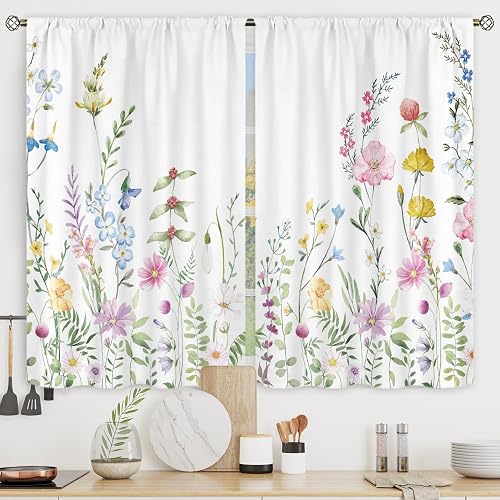 Riyidecor Spring Floral Kitchen Curtains Wildflower Rod Pocket Colorful Flower Leaves Watercolor Plant Botanical Women Girls Blossom Nature Bedroom Living Room Treatment Fabric 2 Panels 27.5Wx39H Inch