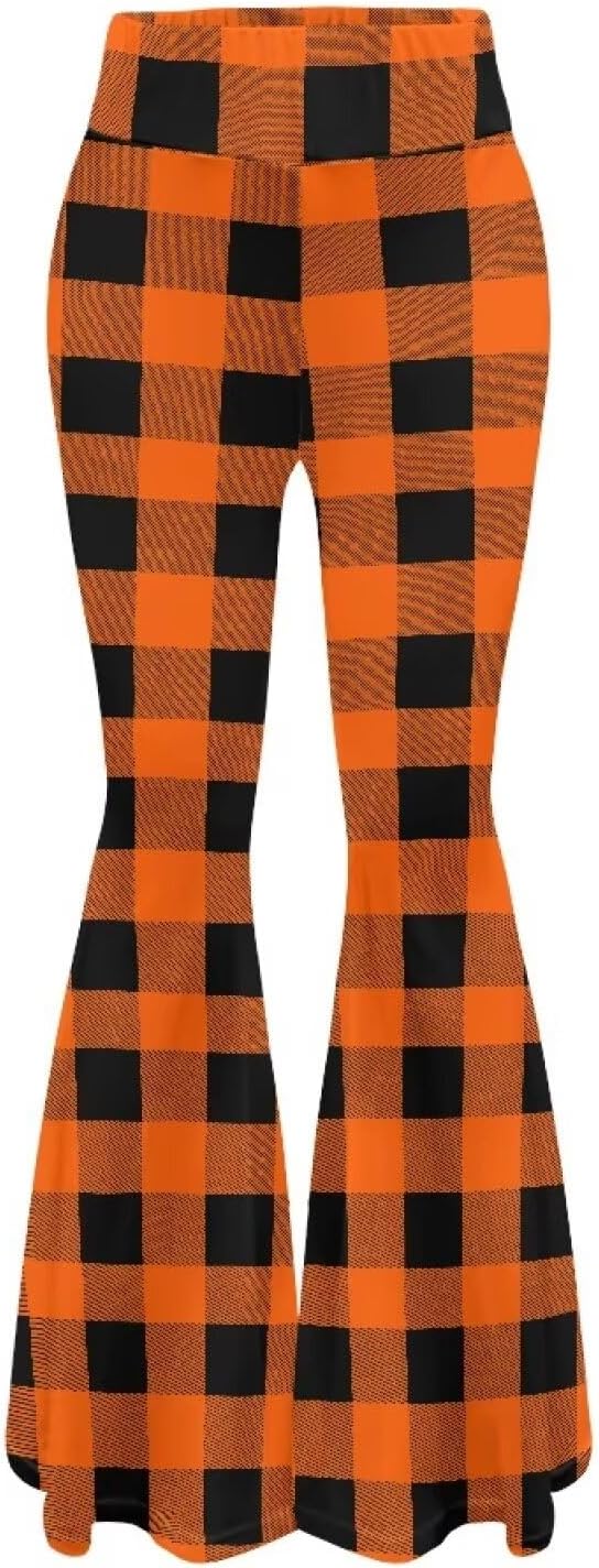 Women's High Waist Stretch Bell Bottom Slim-Fit Flare Leg Hippie Pants Cute Buffalo Plaid Stripes Leggings