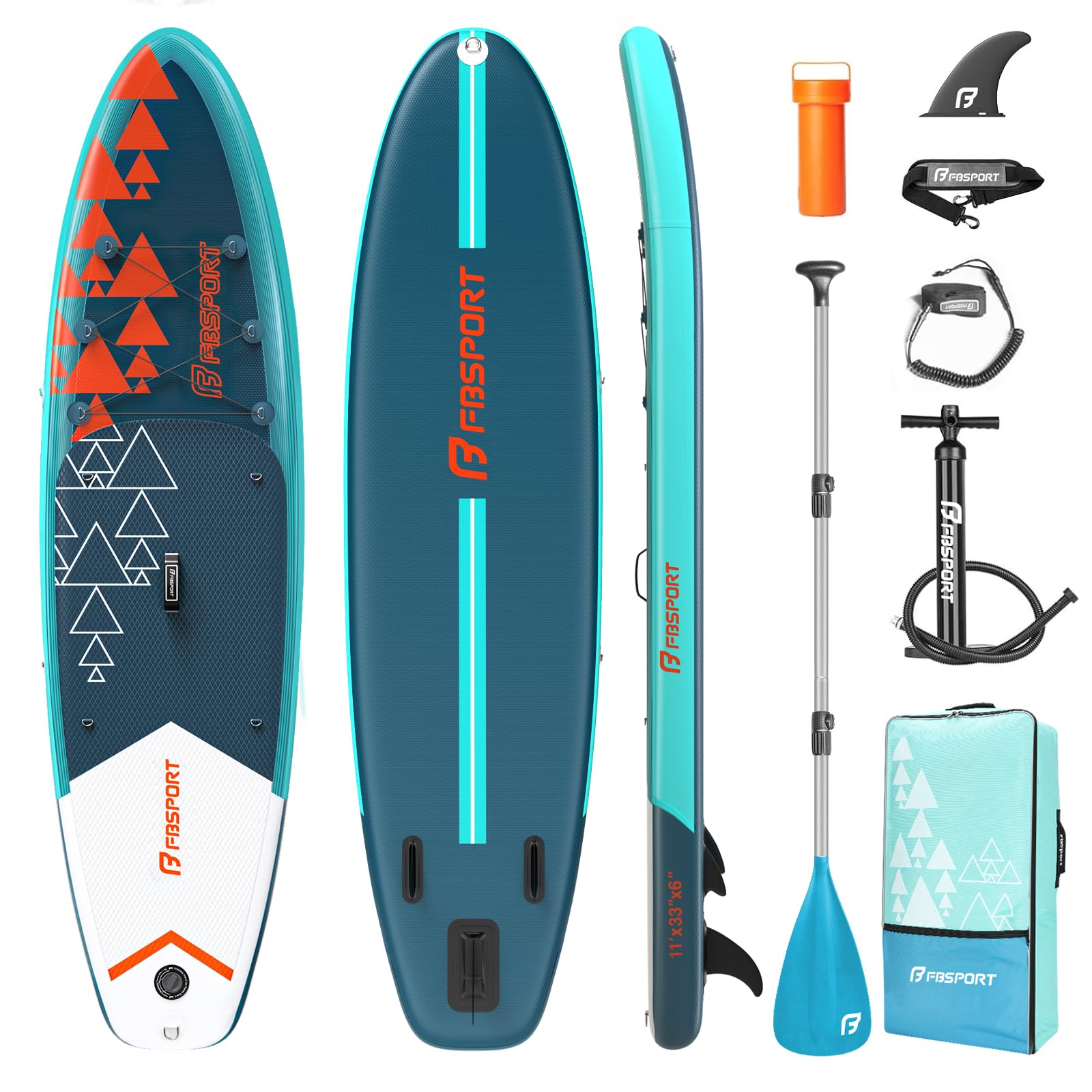 FBSPORT Aufblasbares SUP Board, Stand Up Paddling Board, Aufblasbare Stand Up Paddle Board für Stand-Up Paddling 15CM Dick, Surfbrett Kit mit Verstellbares Aluminium SUP Paddel+Pumpe