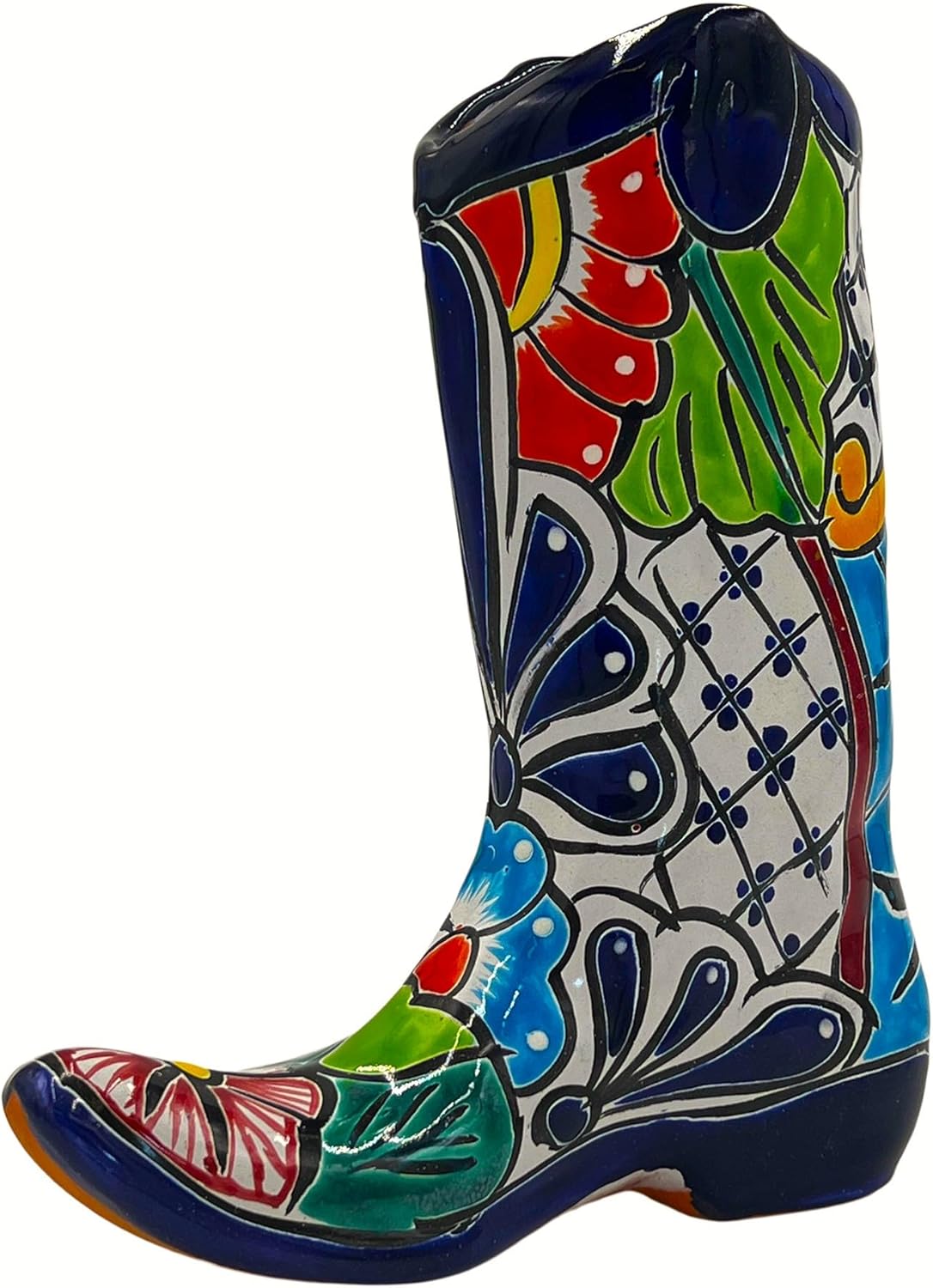 Cactus Canyon Ceramics Cowboy Boot Mexican Talavera Planter Pot (9.5" D x 4" W x 11" H) Hand Painted - Dark Blue Trim - Mexican Home Decor