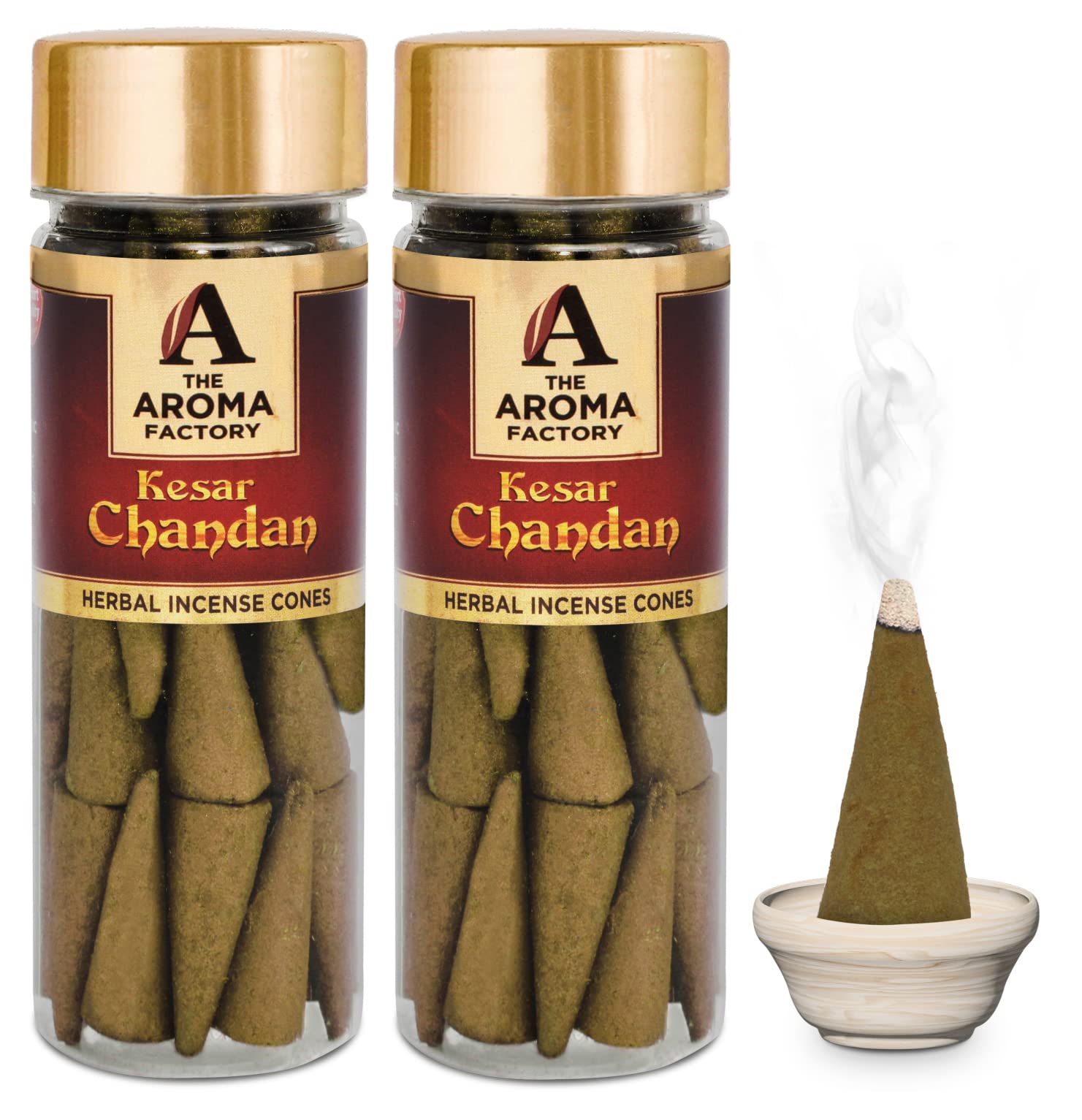 The Aroma Factory Kesar Chandan Incense Cone – Pack of 2 Bottle with 30 Cone Each, 100% Natural & Pure Herb, Non-Toxic, Zero Charcoal, No Black Smoke, Infused with Essential Oils for Home & Meditation
