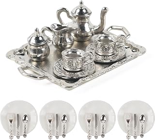 24Pcs Miniature Tea Set Mini Teapot Model Mini Plates Knife Fork Spoon for Mini Home House Grocery Photography Party Decoration