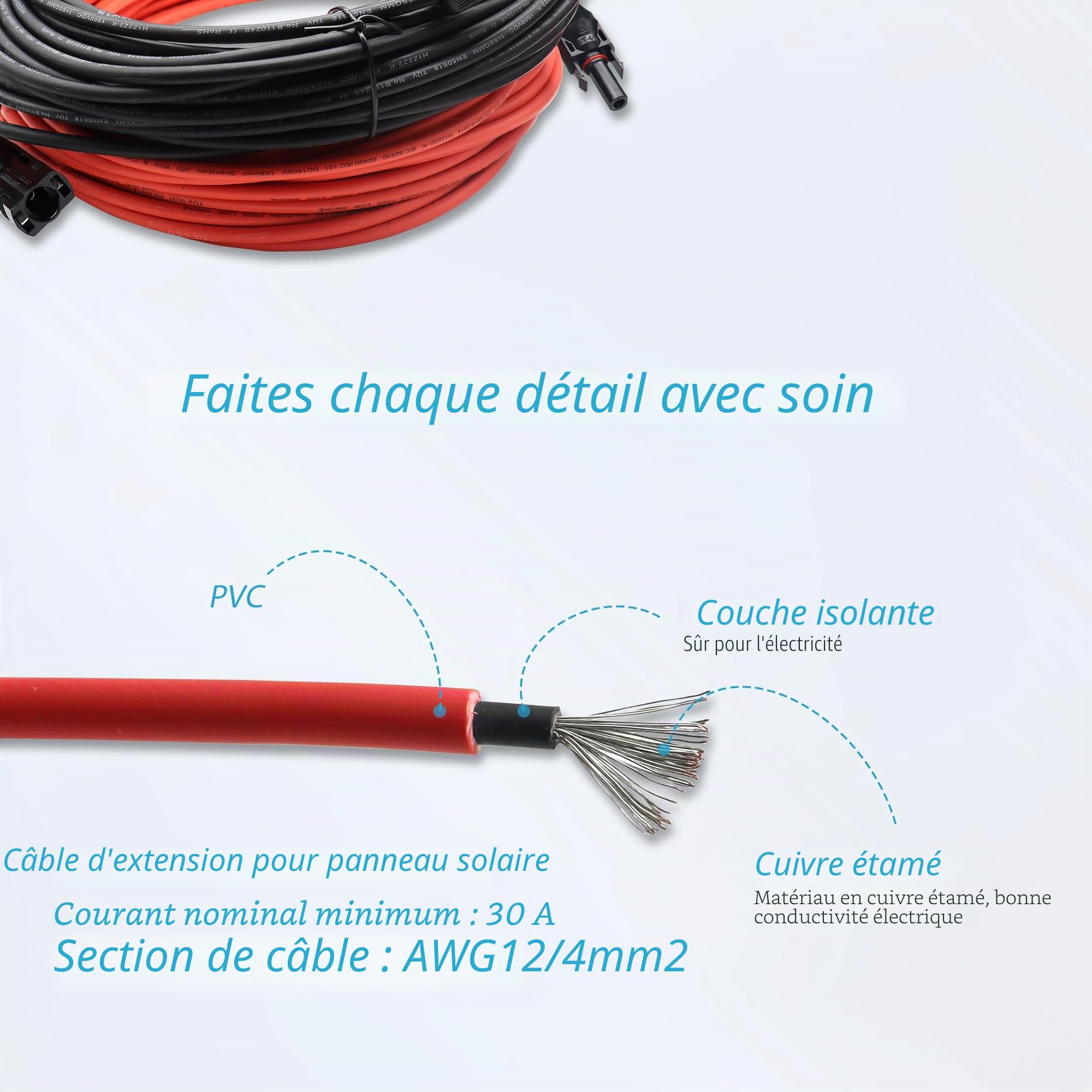 Rallonge de Câble Solaire Photovoltaïque 4 mm² 1/3/5/10/15/20 m - Câble de Connexion Avec Fiche étanche IP68, Classe de Tension 1500 V (4 mm²/20 m)
