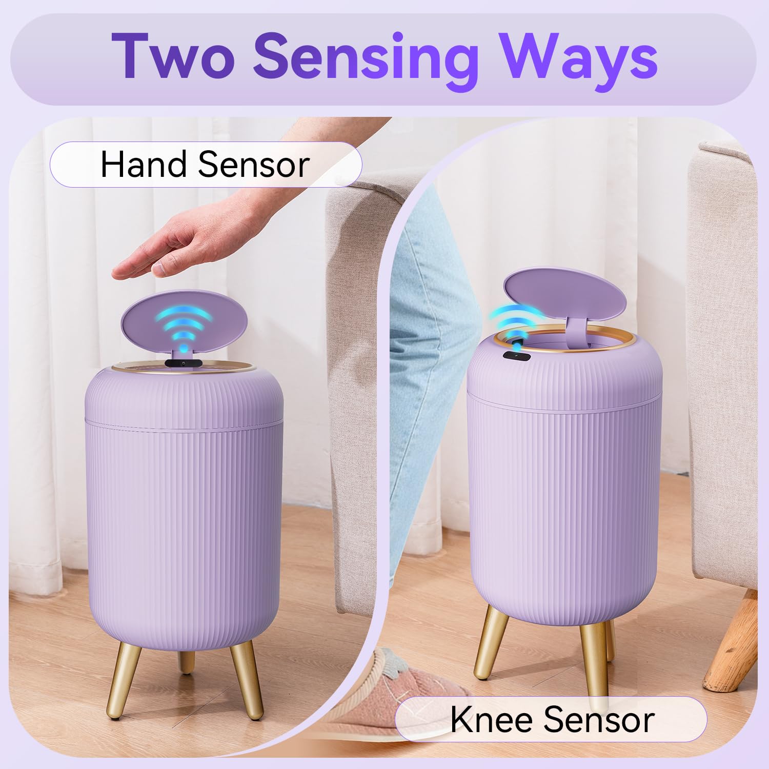 Papelera de baño con sensor de movimiento con tapa, papelera automática de 3 galones/11 litros, cubo de basura sin contacto con patas extraíbles para cocina, oficina, inodoro, dormitorio, cubo