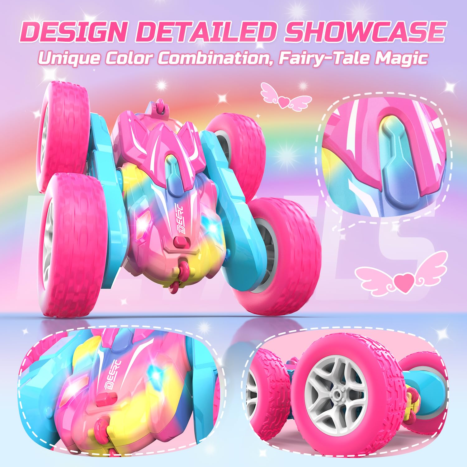 DEERC Rosa Ferngesteuertes Auto für Mädchen mit Buntem Licht, RC Stuntautos, 360° drehbares RC Stuntauto 4WD RC Spielzeugautos für Mädchen ab 6 Jahren