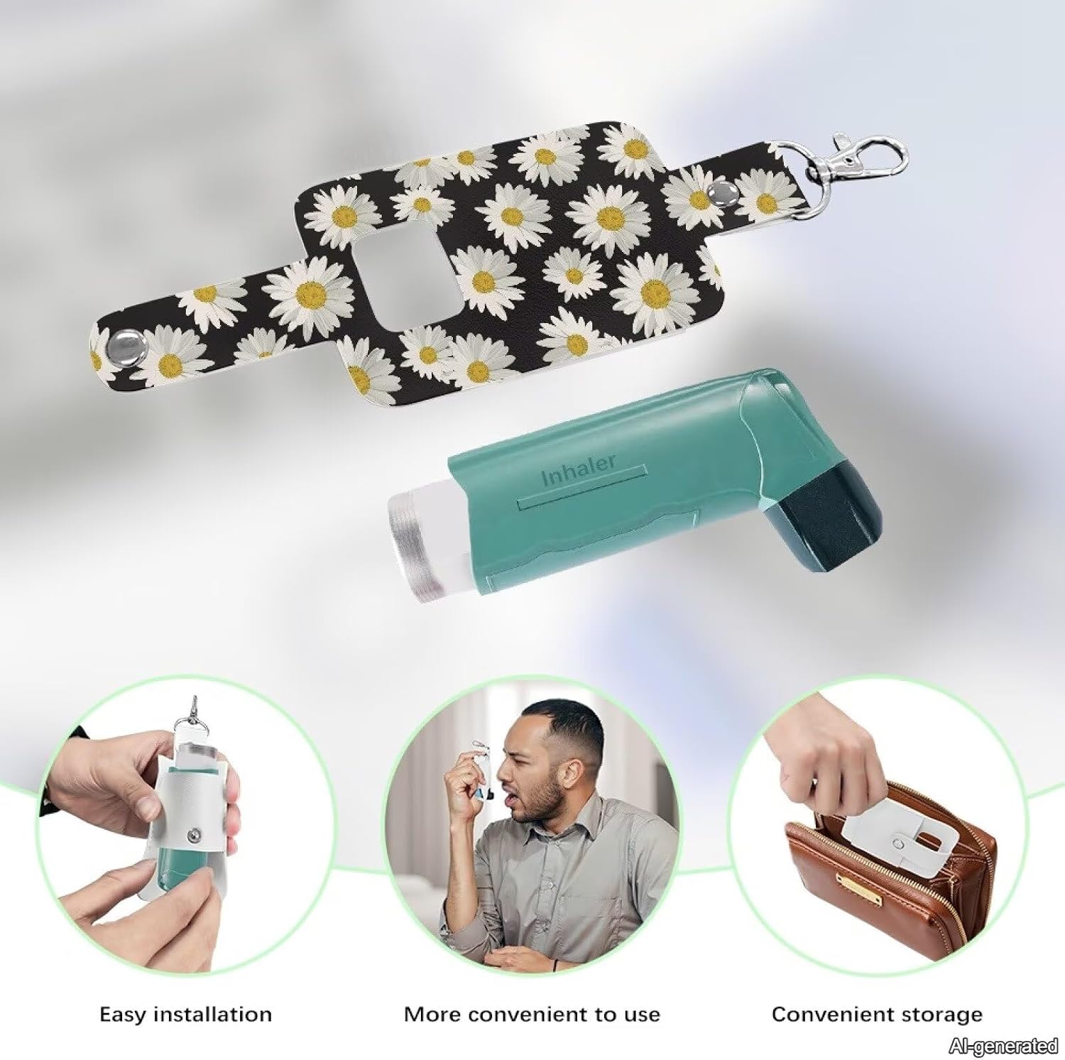Gomyblomy Daisy Asthma Inhaler Holder Keychain PU Leather Travel Handy Holder Portable Inhale Case Protective Covers for Women Adults Kids Seniors, Inhalers Not Included