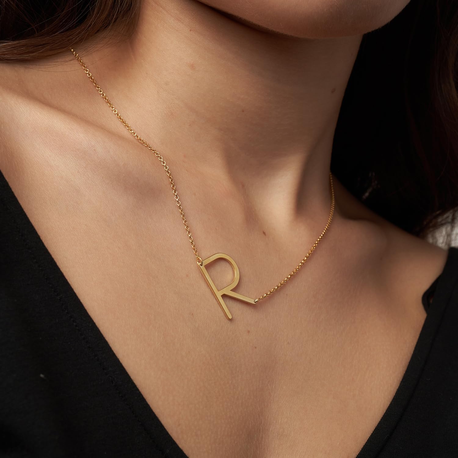 OAK & LUNA - 18K Gold Plated Silver A-Z Initial Necklace - Sideways Letter