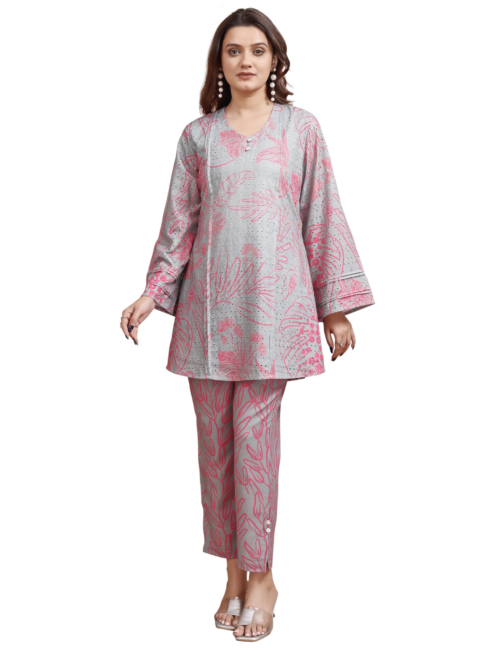 Womanista Women's Cotton Blend Dusty Green Colour Hakoba Printed Regular Fit Tunic With Trouser Cord Set(Co-Ords_9094_L)