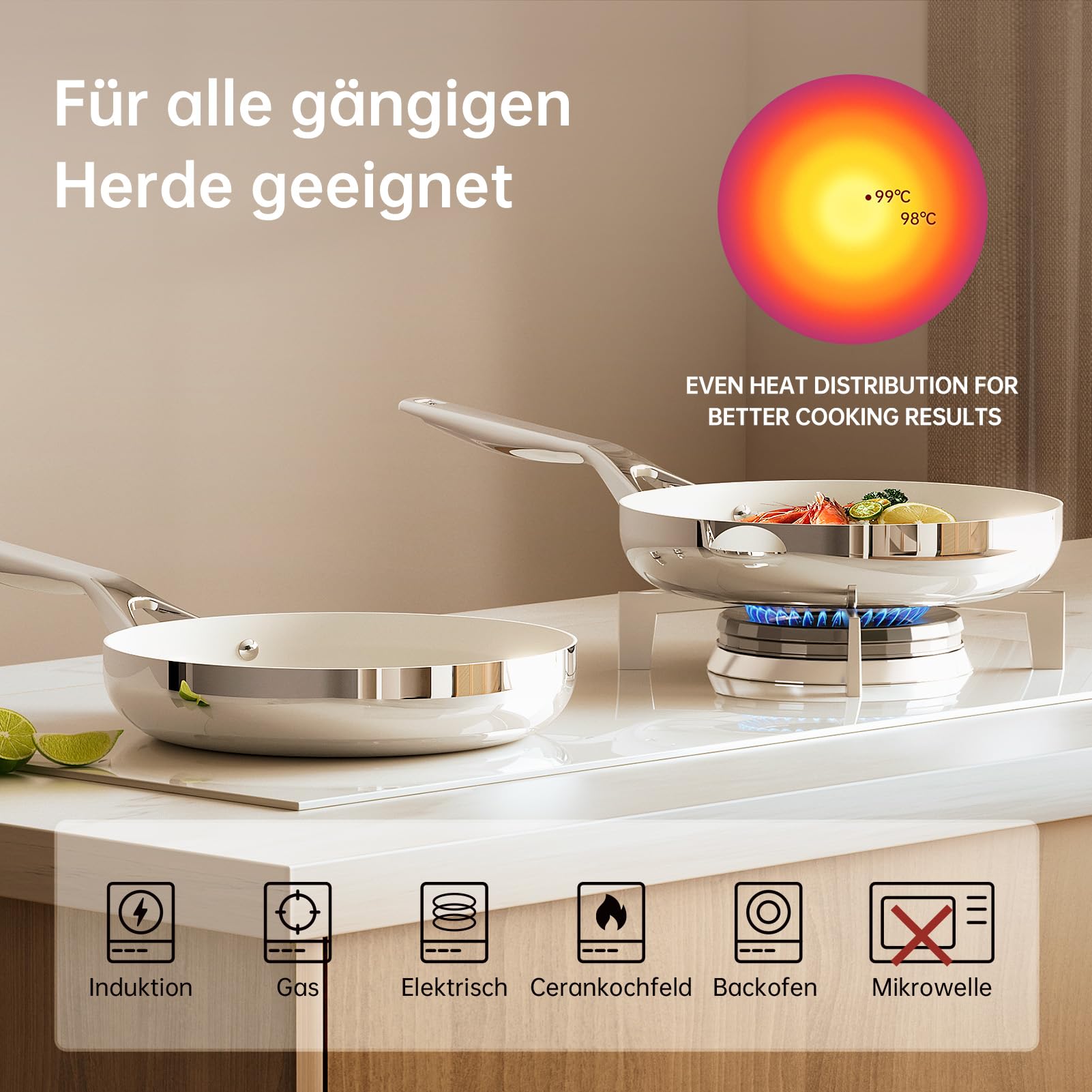 Tjean Antihaft Keramikpfannenset (Ohne PFTE, PFOA, PFAS) mit Edelstahlgriff, geeignet für Induktions-, Gas-, Elektrokochfelder und den Ofen bis 280°C (Cremefarben, 20+24+28cm)