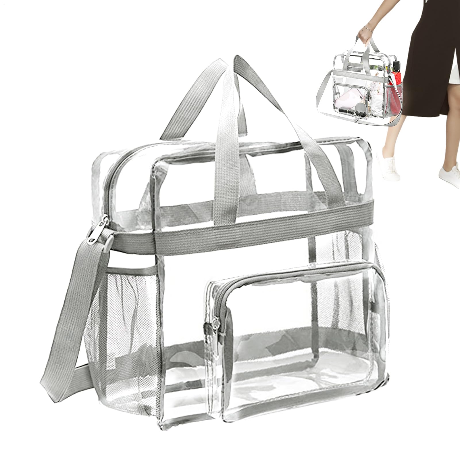 Borsa per il trasporto trasparente, piccola borsa a tracolla trasparente in PVC, borsa da stadio con cerniera e tasche per shopping, viaggi, festival