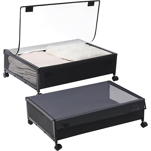 Under Bed Storage Containers with Wheels - Large Space-saving Under Bed Drawer Shoe Storage Organizer on Wheels for Clothes (2 Pack, Black)