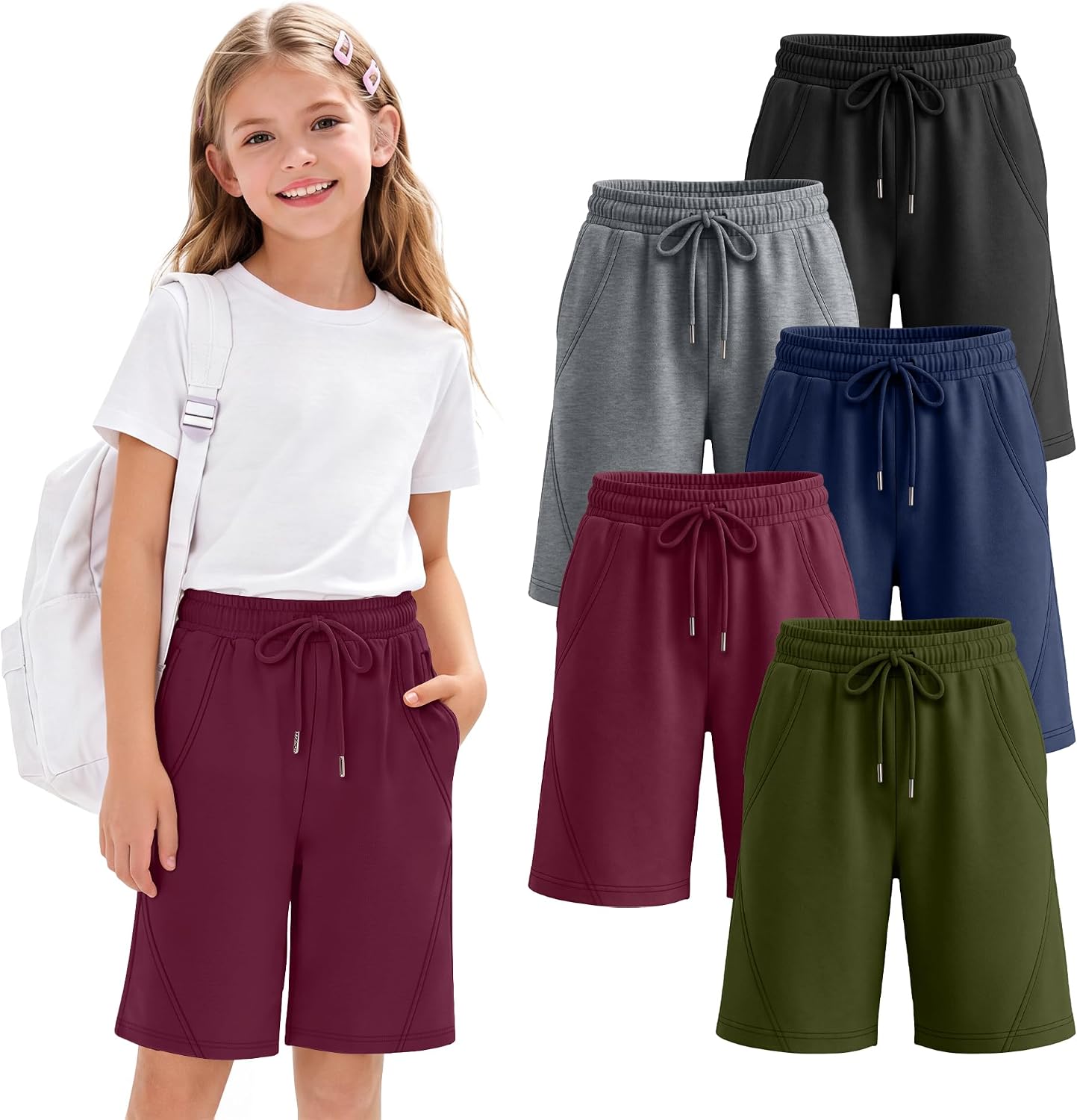Yooo's Vivi 5 Pack Girls Bermuda Shorts Knee Length Shorts for Kids Athletic SweatShorts with Pockets Back to School