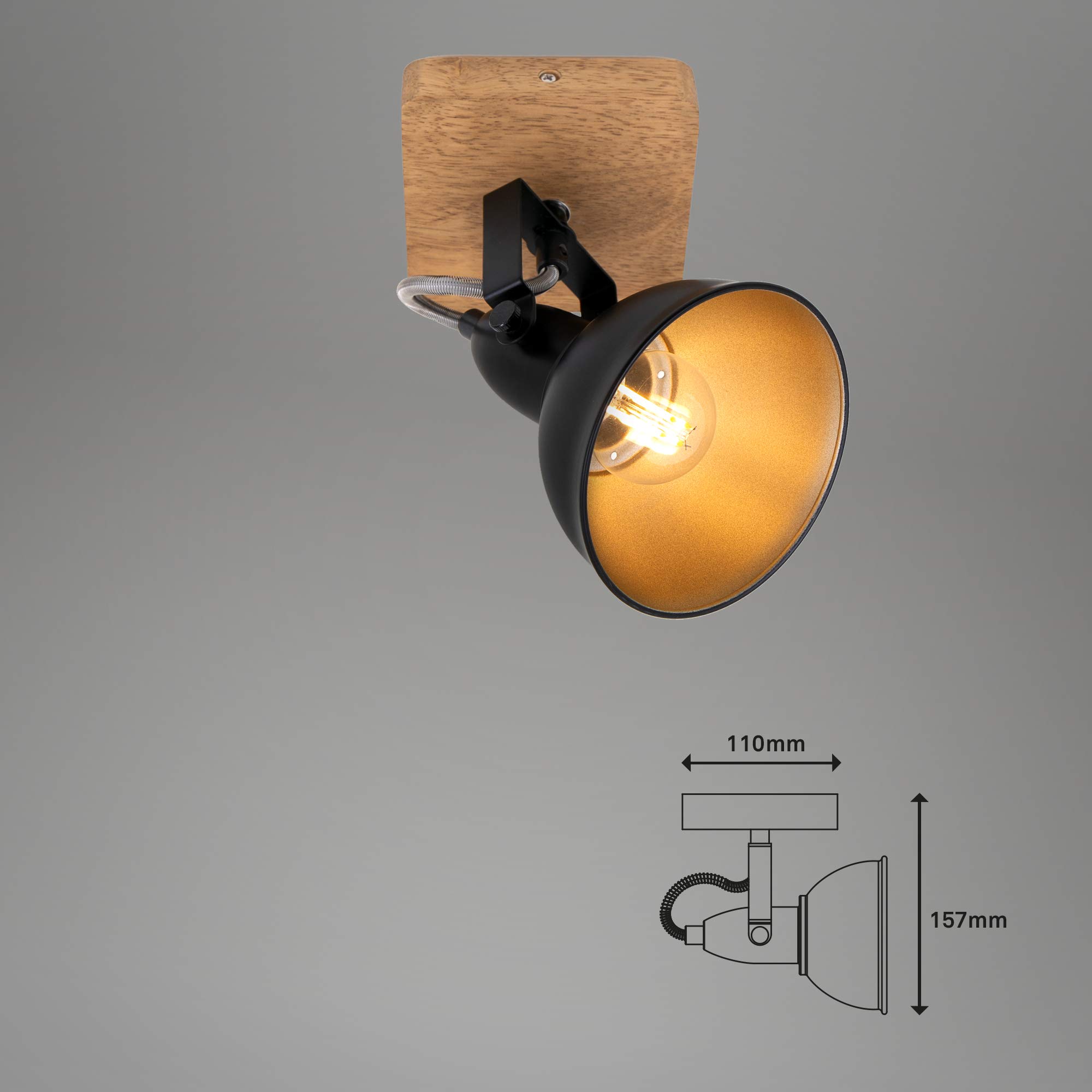 BRILONER Leuchten 2901-015 Lámpara Retro, Vintage, Foco Giratorio, 1x E14, Metal-Madera, Negro-Dorado, 110x110x157mm (Largo x Ancho x Distancia a Pared)