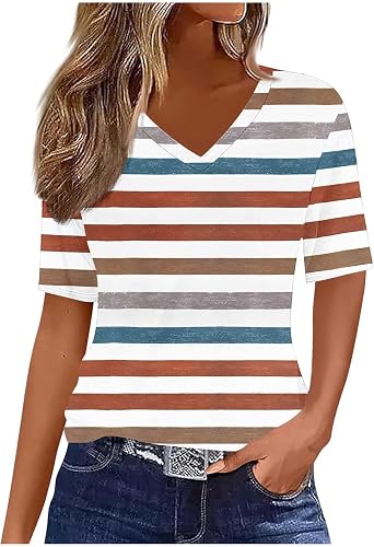 Summer Tops for Women 2025 Trendy V Neck Short Sleeve T Shirts Dressy Casual Blouses Cute Print Tees Vacation Outfits