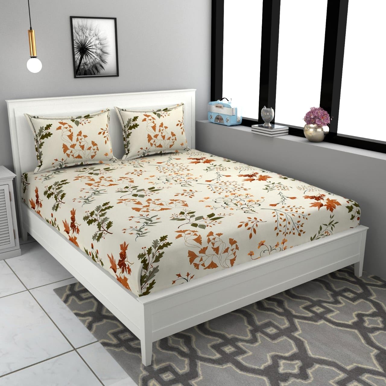 AHD Cotton Blend 84"x78" Elastic Fitted Bedsheet for Super King Size Bed | Fits Up to 12-Inch Mattress | Printed Elasticated Fitted Bedspread with 2 Matching Pillow Covers (White flower)
