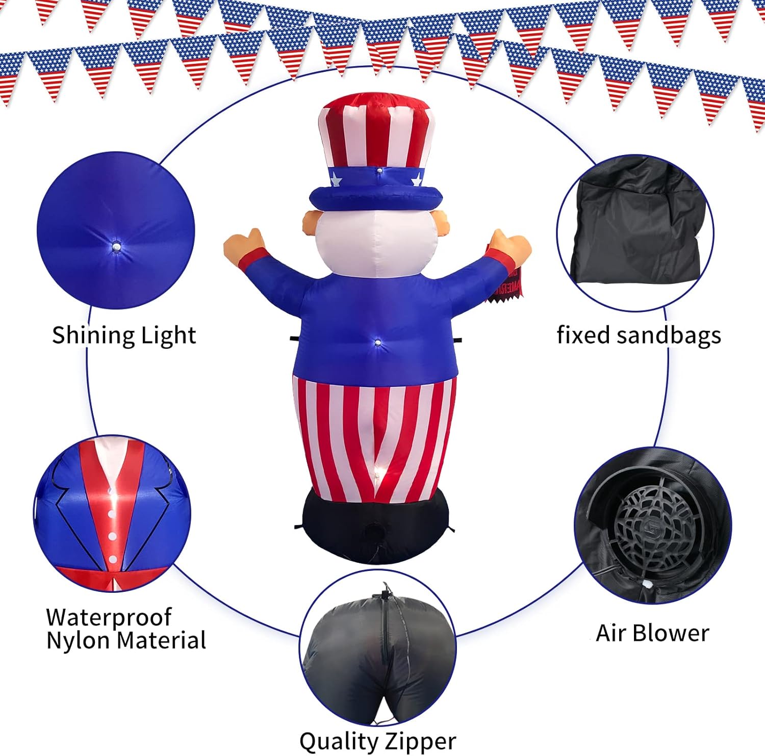 INGRINC 6 Foot Tall Patriotic Independence Day 4th of July Inflatable Uncle Sam with God Bless America Flag LED Lights Blow Up Patriotic Holiday Party Decorations for Outdoor Indoor Home Yard Lawn : Patio, Lawn & Garden