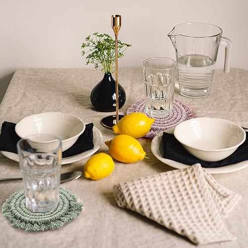 Miniatura 7 de 6 posavasos para bebidas, absorbentes de algodón, estilo bohemio, tejidos, estilo rural, con borlas, macramé, con soporte, regalo de inauguración de