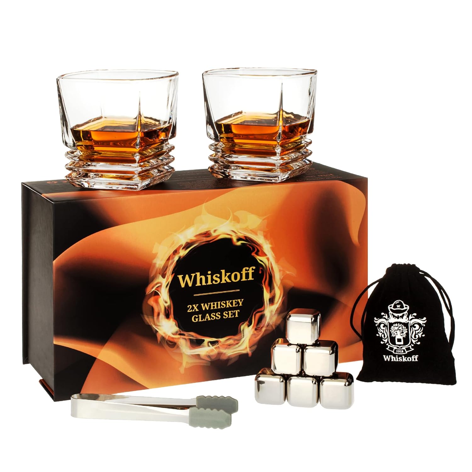 Whiskey Glass and Stones Gift Set of 2 Heavy Base Square Rocks