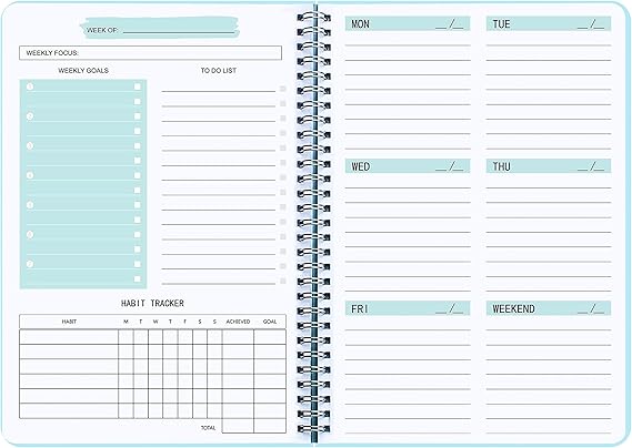 Undated Weekly Planner- Weekly Goals Notebook, A5 To Do List Planner, Habit Tracker Journal with Spiral Binding, 5.7 x 8.0 inches