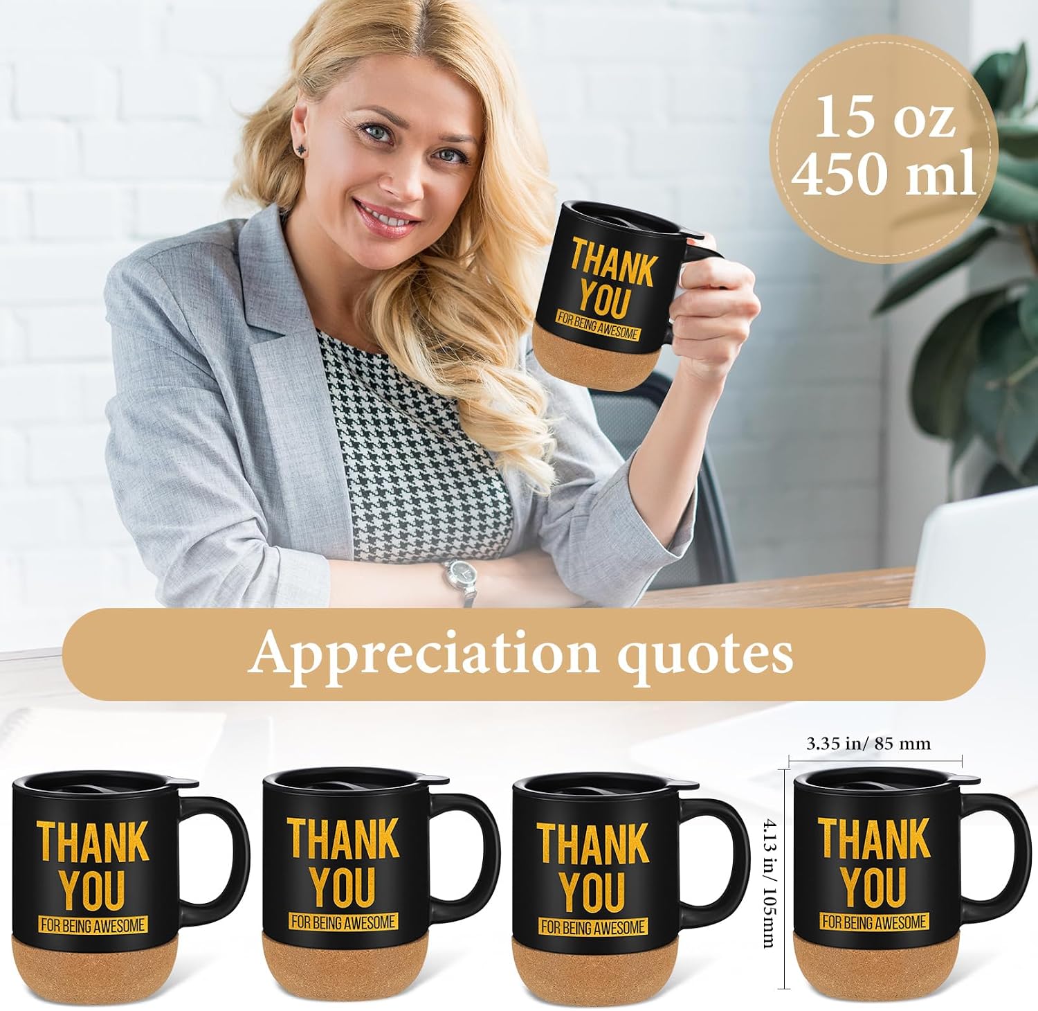 Zubebe 4 Pcs Employee Thank You Coffee Mug 15oz Inspirational Ceramic Coffee Cups with Lid Cork Bottom Back to School Thank You for Being Awesome Mug Appreciation Gifts for Teacher Coworker Nurse