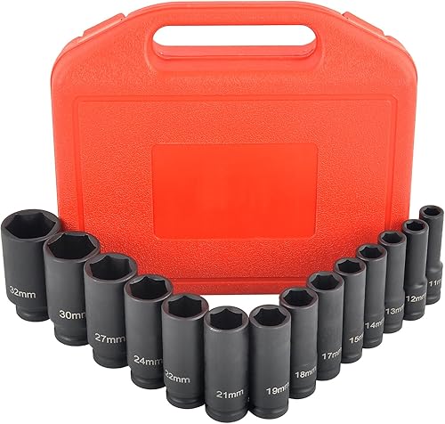 Miniatura 2 de Juego de llaves de vaso de impacto profundo de 12 pulgada, 14 piezas de 6 puntos, tamaños métricos de 0.433-1.260 in (11 12 13 14 15 17 18 19 21 22