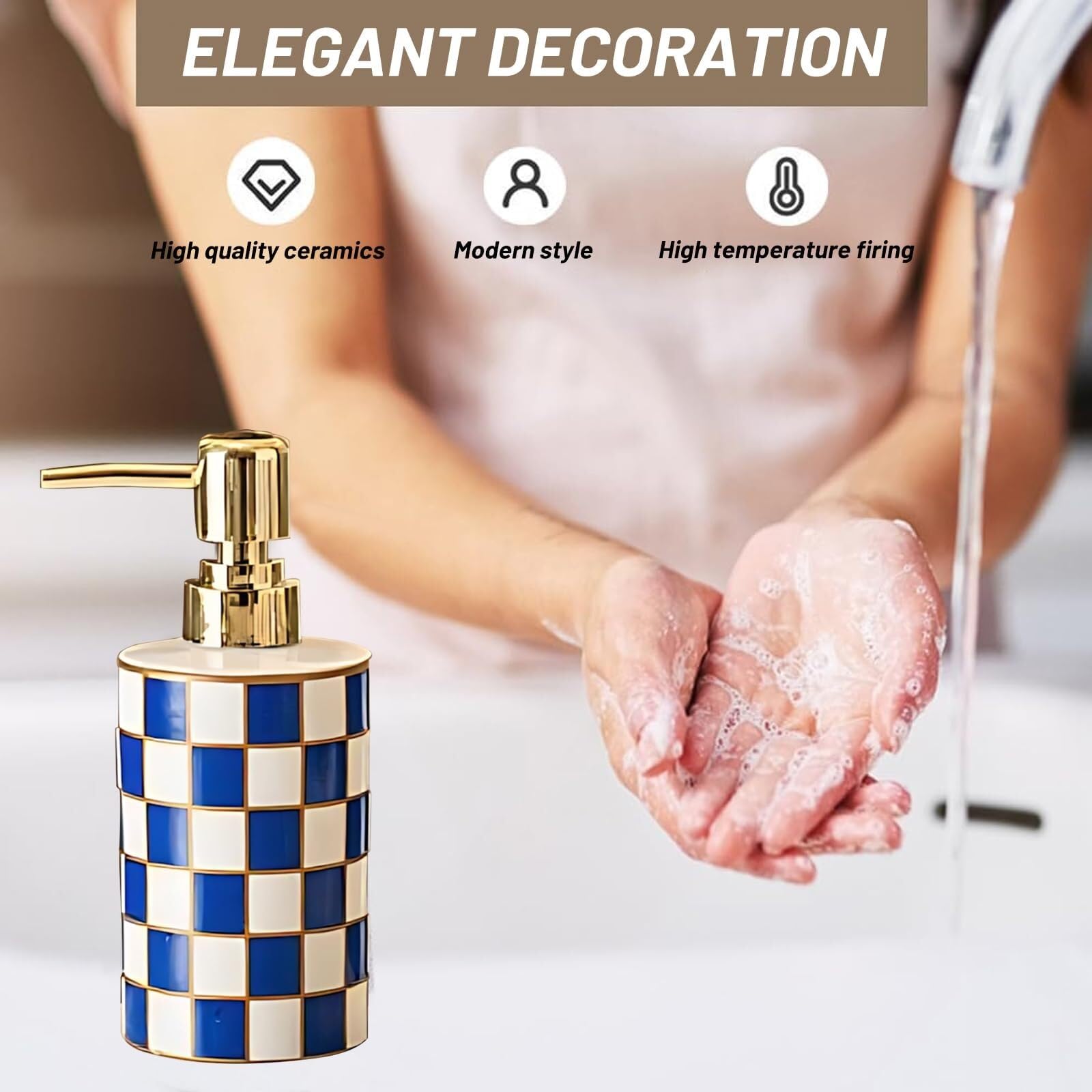 Dispenser da banco per detersivo per piatti Dispenser Di Sapone For Le Mani In Ceramica, Piatto A Scacchiera Retrò Accessori per il bagno(Green)