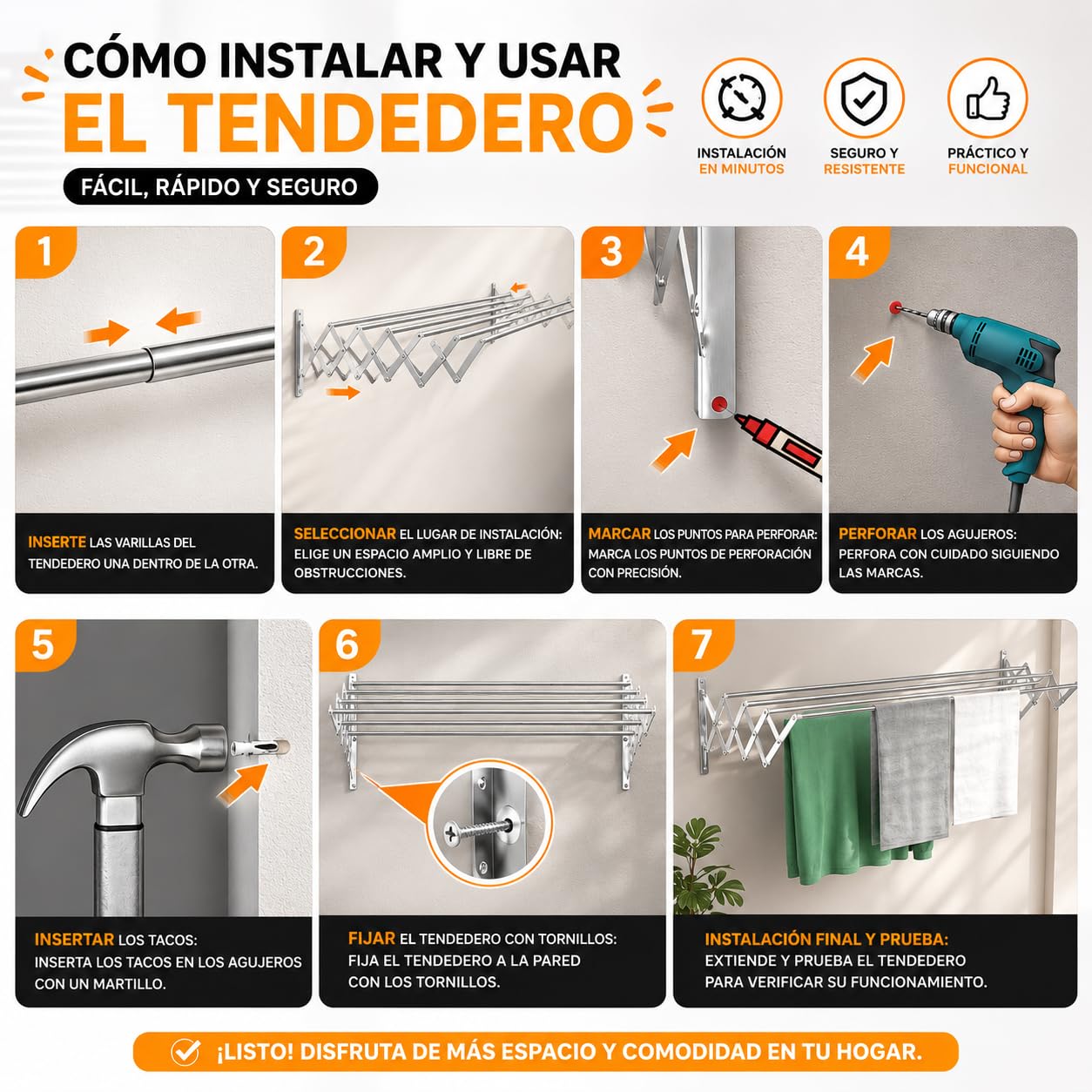 TEHORNEO Tendedero Extensible Pared 140 cm, Tendedero Pared Acero Inoxidable, Tendederos Plegables de Pared, Tendedero Retractil, Tendal Extensible para Interior y Exterior, 30 kg Capacidad (140 cm)